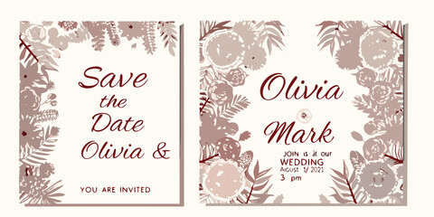 Floral wedding save the date cards with elegant calligraphy and botanical details