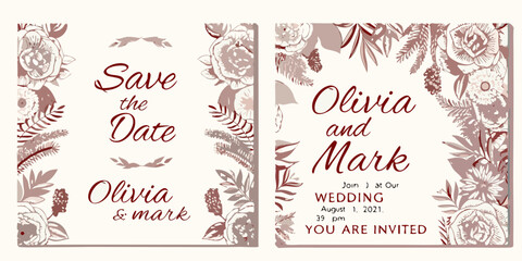 Elegant floral save the date card design featuring roses and calligraphy