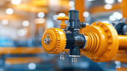 Detailed shot of hydraulic system component featuring vibrant orange and black design, showcasing intricate engineering