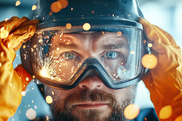 Extreme close up of worker adjusting welding mask, sparks flying around, showcasing focus and safety in workshop environment