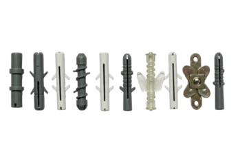 Eight different plastic wall anchors and plugs in a row on a transparent background with copy space. Concept of precision engineering and construction