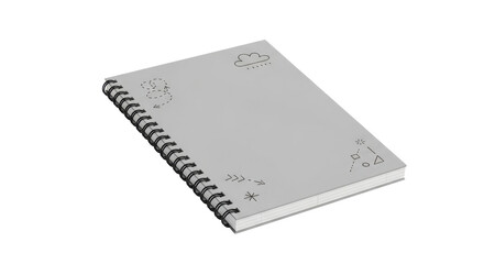 Gray Spiral Notebook Mockup with Minimal Doodles on White Background