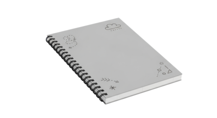 Gray Spiral Notebook Mockup with Minimal Doodles on White Background