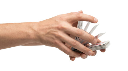 Hand performing card fan trick on transparent background