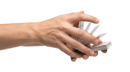 Hand performing card fan trick on transparent background
