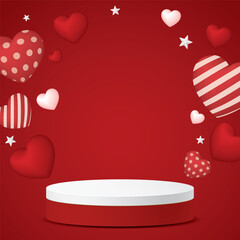 Blank 3D rounded podium for placed product presentation with red square background have heart balloons various designs and star floated arounded