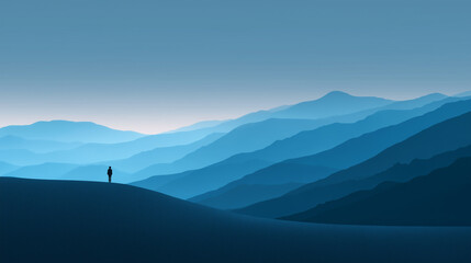 Fototapeta premium Serene Silhouette of a Person Standing on a Hill Amidst Layered Blue Hills and Soft Gradient Sky in a Minimalist Landscape Scene 
