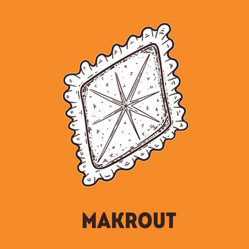 Makrout sketch. Maghreb food. Maghrebi cuisine. Vector drawing illustration. Top view.