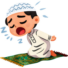 Illustration of Muslim Boy Yawning on Prayer Rug