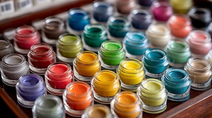 A colorful set of red, blue, green, and yellow colored pencils stands in a glass jar container alongside art tools like watercolor paint and gouache bottles for a creative painting palette