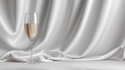 A sparkling champagne flute on white satin celebrates success and recognition, perfect for event promotions or elegant branding visuals.