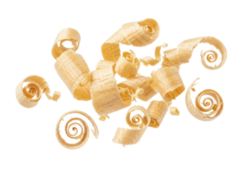 Ultra close-up macro photograph of light beige maple wood shavings spiraling and cascading mid-air, hyperdetailed, isolated on transparent background. Concept of natural organic beauty