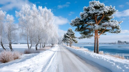Obraz premium Snowy country road passing a frozen lake in winter
