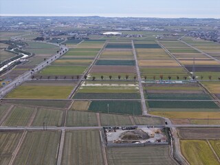 A large field with many different crops is shown from above. The sky is clear and the sun is shining, creating a peaceful and serene atmosphere