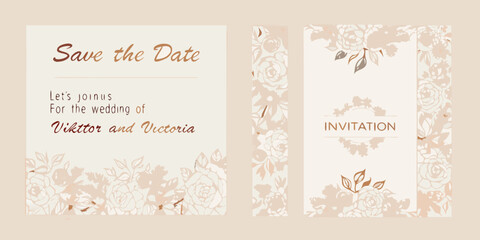 Elegant wedding invitation suite with floral designs and romantic beige tones