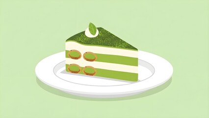 Cute Flat Style Matcha Tiramisu Slice, Pastel Green Backdrop