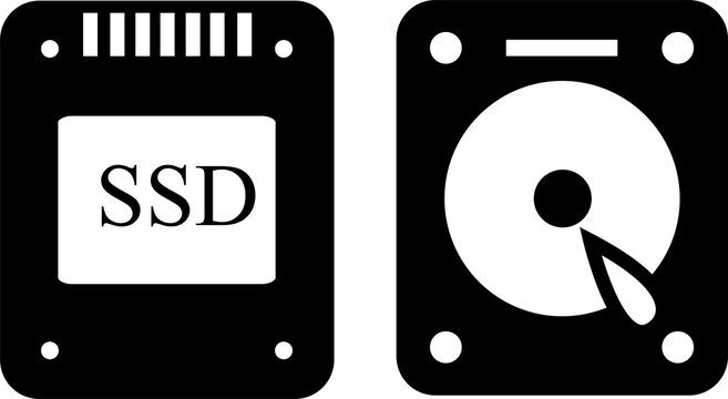 SSD and HDD storage drive icon set. Solid state drive versus hard disk drive symbols. SSD and HDD Storage Device Icons Vector Illustration