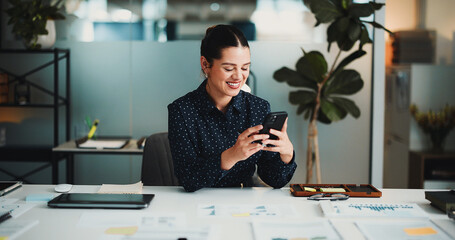 Phone, reading or business woman in office with smile, investment model approval or check market...