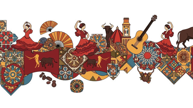 Spanish Flamenco Dancer, Bull, Guitar, and Tile Pattern Border