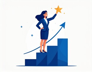 Obraz premium Successful businesswoman reaching for star on top of bar chart for career achievement and professional growth concept