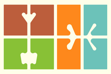 Colorful abstract grid composition featuring interlocking organic shapes within brown, green, orange, and blue rectangles.