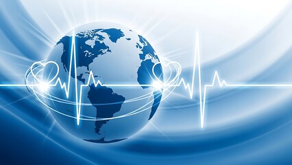 Global Health ECG Heartbeat Line Encircling Earth with Glowing Blue Background