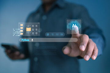 Businessman touching virtual AI brain and Python code bar. Futuristic artificial intelligence technology, data science, and machine learning concept for digital innovation and coding development.