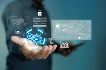 Businessman holding virtual AI gears and security interface. Artificial intelligence technology concept for machine learning process, cyber security, data analytics, and digital business innovation.