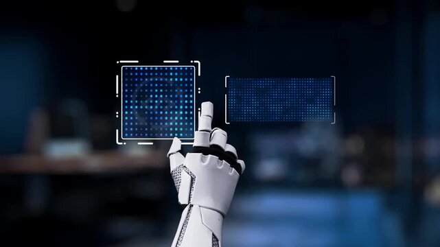 A robotic hand interacts with a digital interface representing agile methodologies and technological advancement, symbolizing innovation and effectiveness in businesses. Synapse