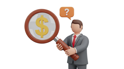 Businessman Examining Dollar Sign with Magnifying Glass and Question Mark