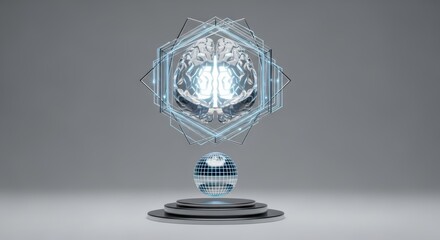 Futuristic brain hologram with digital globe, artificial intelligence concept visualization
