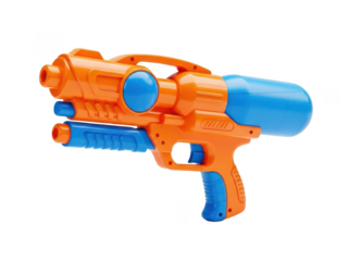 Vibrant orange and blue plastic water gun for kids and outdoor fun isolated on transparent background