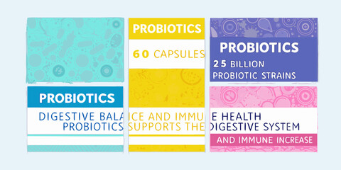 Colorful probiotic supplement packaging designs with health benefit information displayed