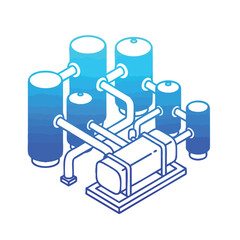 Obraz premium An isometric illustration depicts a modern industrial processing system featuring multiple interconnected tanks, pipes, and machinery, rendered with a sleek blue gradient outline.