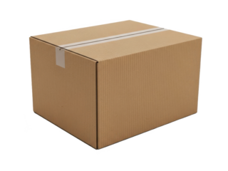 A brown corrugated cardboard box with a white shipping label and tape on a top side isolated on transparent background