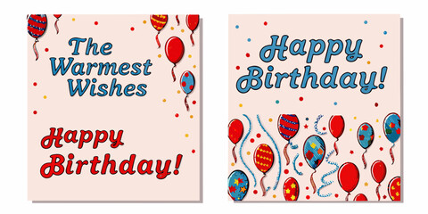 Colorful birthday cards with balloons and confetti celebrating a special occasion