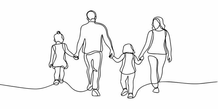 A family of four walking together depicted in a continuous line drawing style