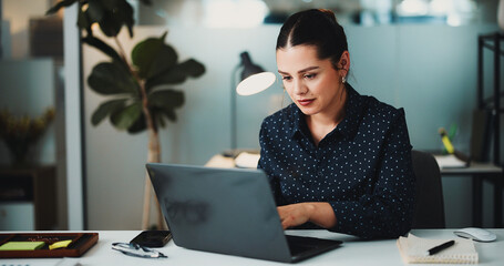 Laptop, reading or businesswoman in office for planning, investment model or market trend research....