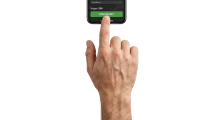 Hand confirming bet on smartphone application screen