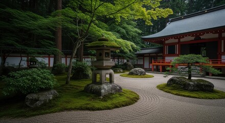 Tranquil Japanese Zen Garden with Stone Lantern and Traditional Architecture Offering Serenity