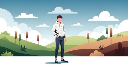 Obraz premium A Young Man in a Scenic Landscape, Digital Illustration, Serene Environment, Artistic Viewpoint