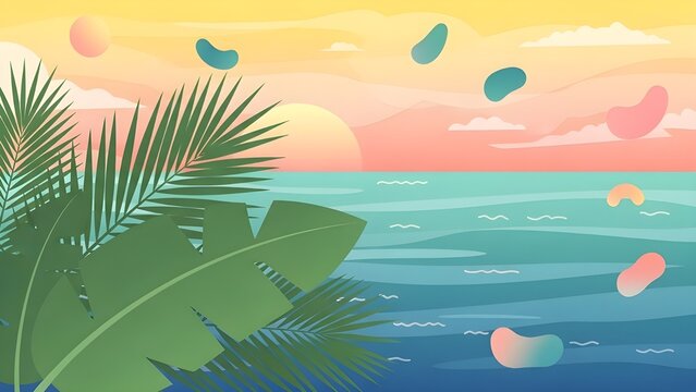 Tropical Vibes and Serenity at the Beach, Digital Illustration, Calm Atmosphere, Aesthetic View