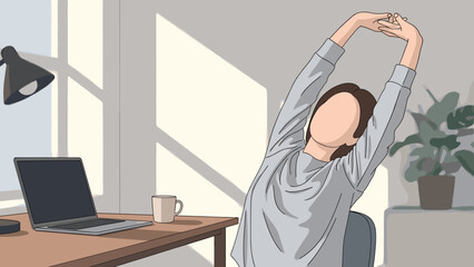 Woman taking a mindful break from her busy work schedule, stretching gracefully at a bright desk in a modern home office with warm sunlight streaming through the window