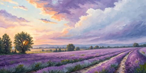 Lavender field in Provence France at sunset with purple flowers under a colorful summer sky watercolor painting 