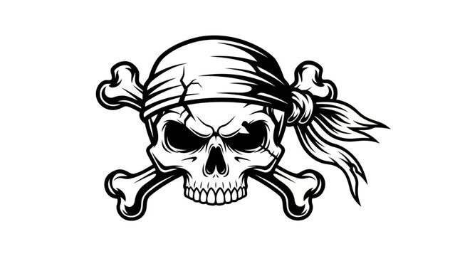 Pirate skull with bandana and crossed bones illustration for designs with graphic and symbol and icon and logo and emblem and pirate flag and jolly roger