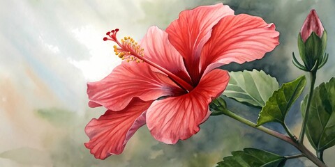 Red hibiscus and red lily flowers blooming beautifully in a garden with vibrant natural colors watercolor painting