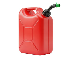 Red jerry can with spout and green nozzle on top isolated on transparent background