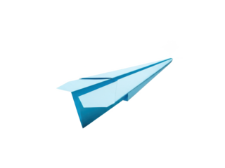 A blue paper airplane in flight, symbolizing creativity, imagination, and innovation, isolated on transparent background