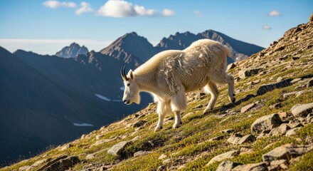 Mountain Goat on Rocky Hillside with Mountains.