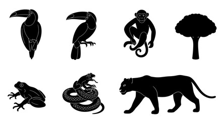 Fototapeta premium Jungle animal and plant silhouettes featuring toucans, monkey, panther and tropical tree